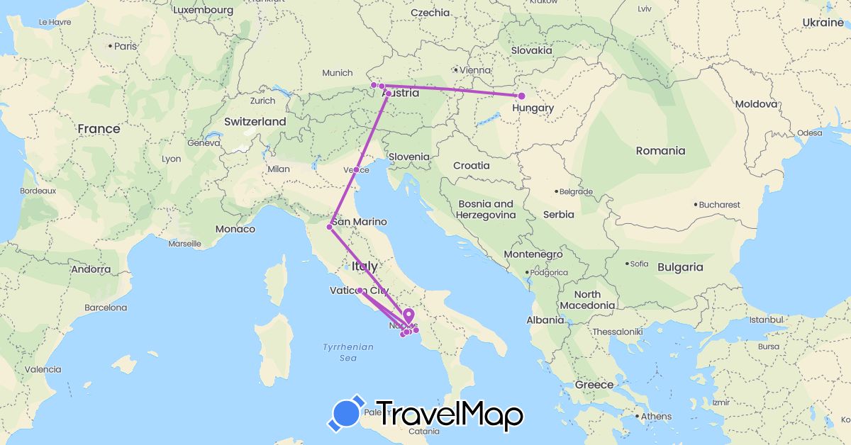 TravelMap itinerary: driving, train in Austria, Hungary, Italy (Europe)